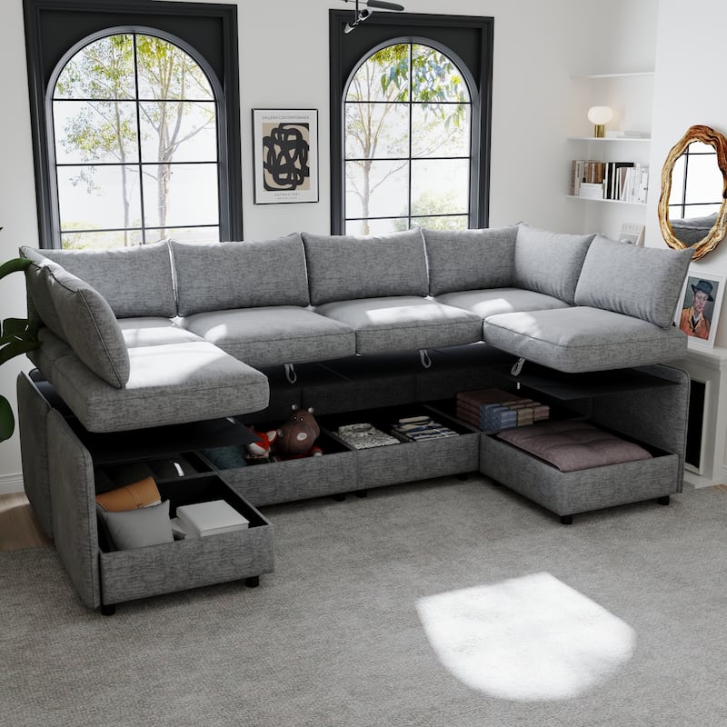 L Shaped Modular Sectional Sofa with Storage, Convertible 8 Seater Sofa with Chaise & Ottoman, Chenille Fabric Sleeper Sofa