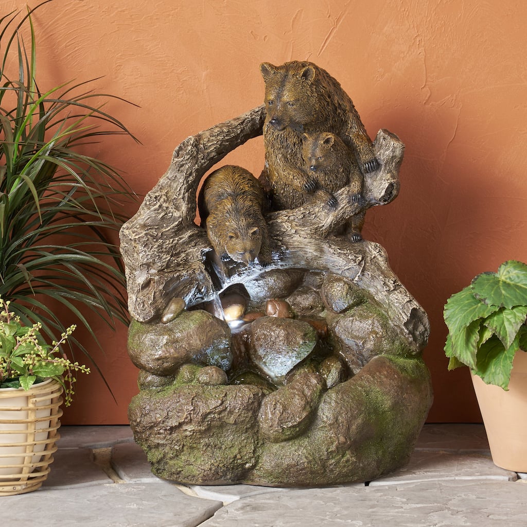 Roomfitters Callan 25-Inch Bear Family Tiered Water Fountain with LED Lights, Weather-Resistant Faux Stone, Brown
