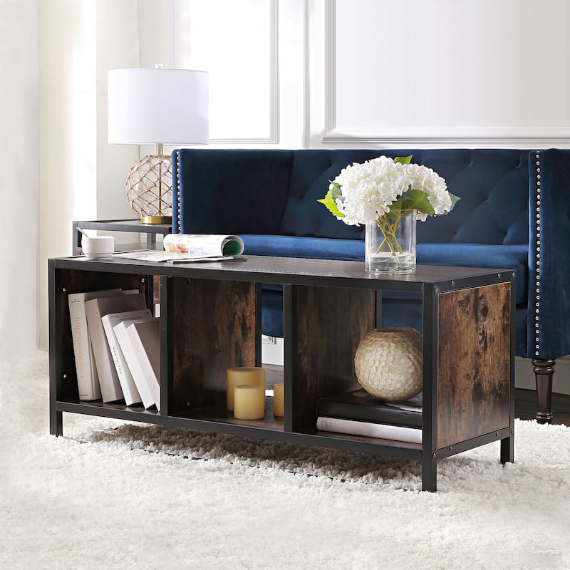 Ledel Industrial Wood Sled Coffee Table with Open Storage Shelves