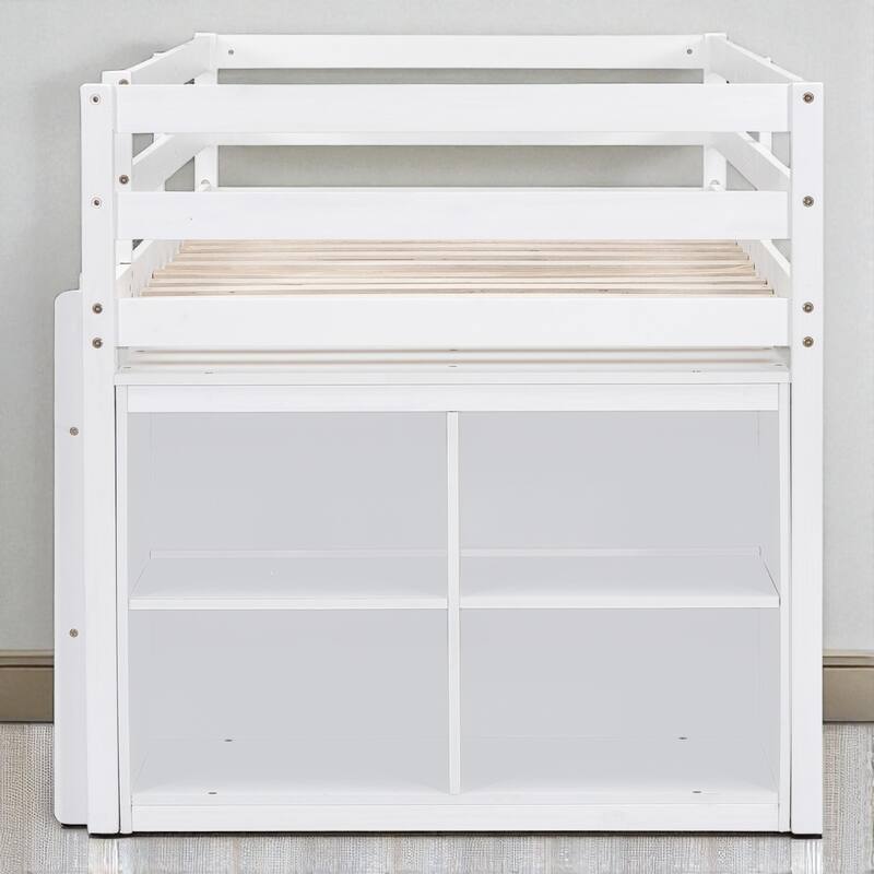 Twin Loft Bed with Retractable Desk, 4 Drawers and Shelves, Wooden Study Storage Bed for Kids Teens