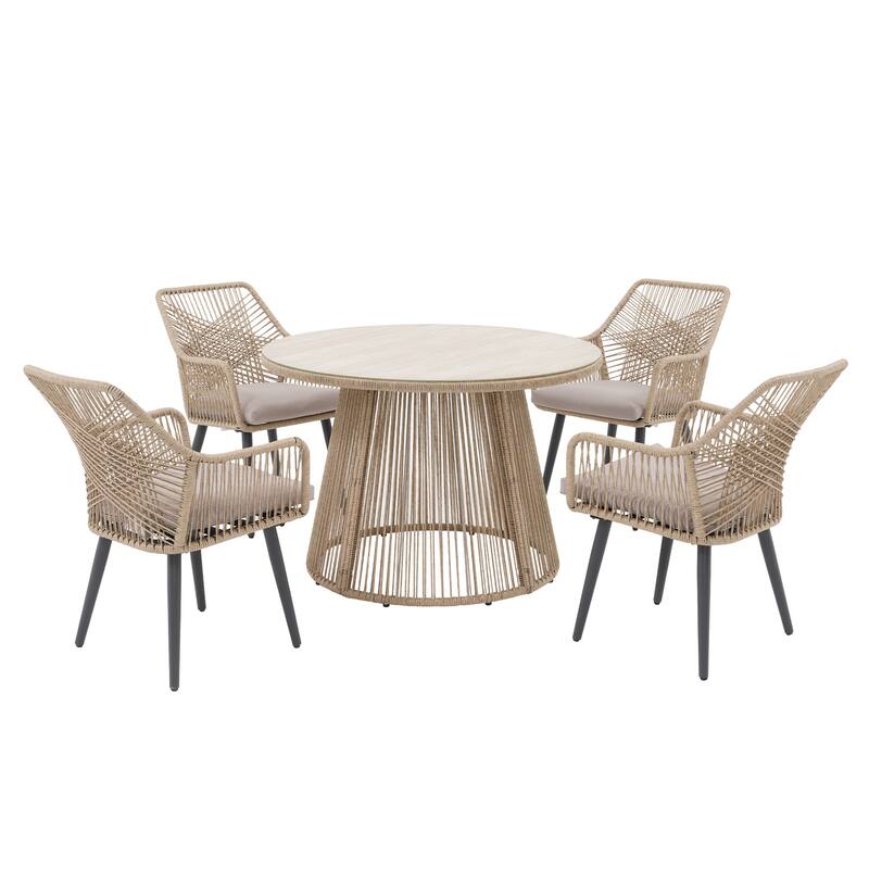 5 Pieces Outdoor PE Rattan Patio Dining Set with Round Tempered Glass Table