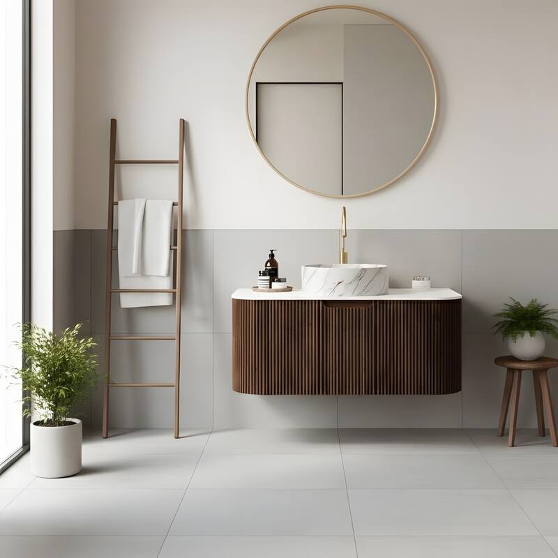 Floating Bathroom with Round Ceramic Basin and Storage Drawer - 36 - Dark Walnut