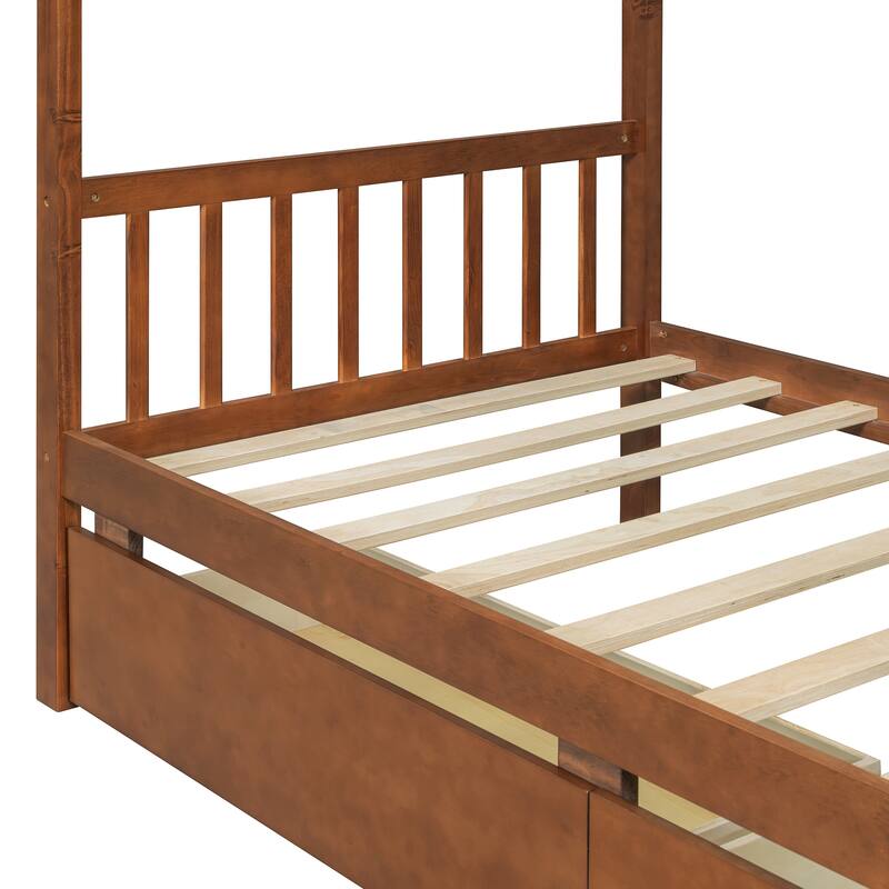 Twin Size Wooden House Bed with Drawers, Walnut Finish