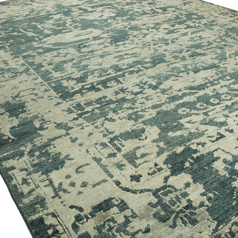 Transitional Blue Hand-Knotted Wool & Viscose Area Rug