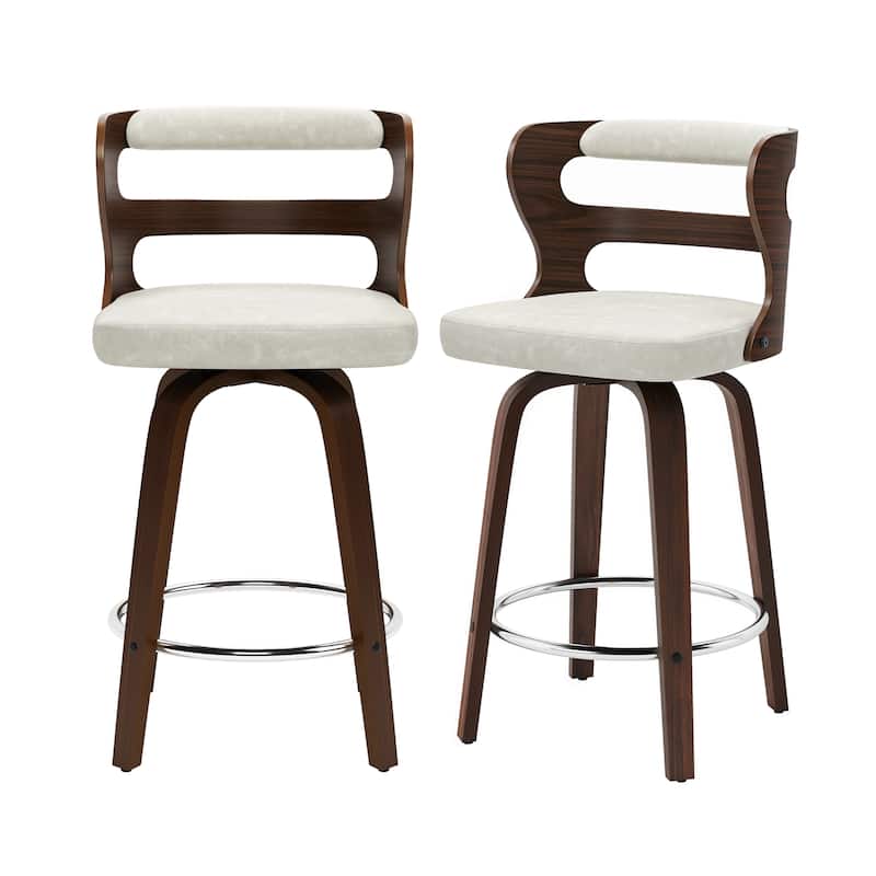 LUE BONA 26" Walnut and Faux Leather Swivel Counter Bar Stools With Backs - 26" H