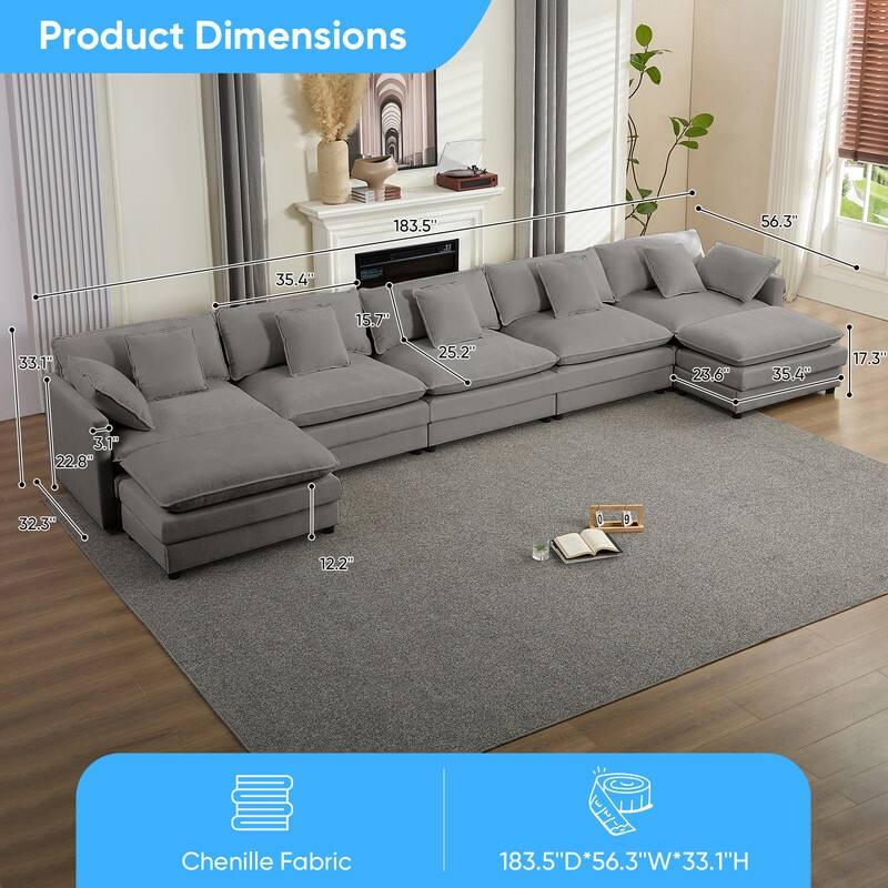 Mixoy 183''U-Shaped Chenille Modular Sectional Sofa,7-Seater Cloud Sleeper Deep Seat Couch with Ottoman and Thickened Cushions