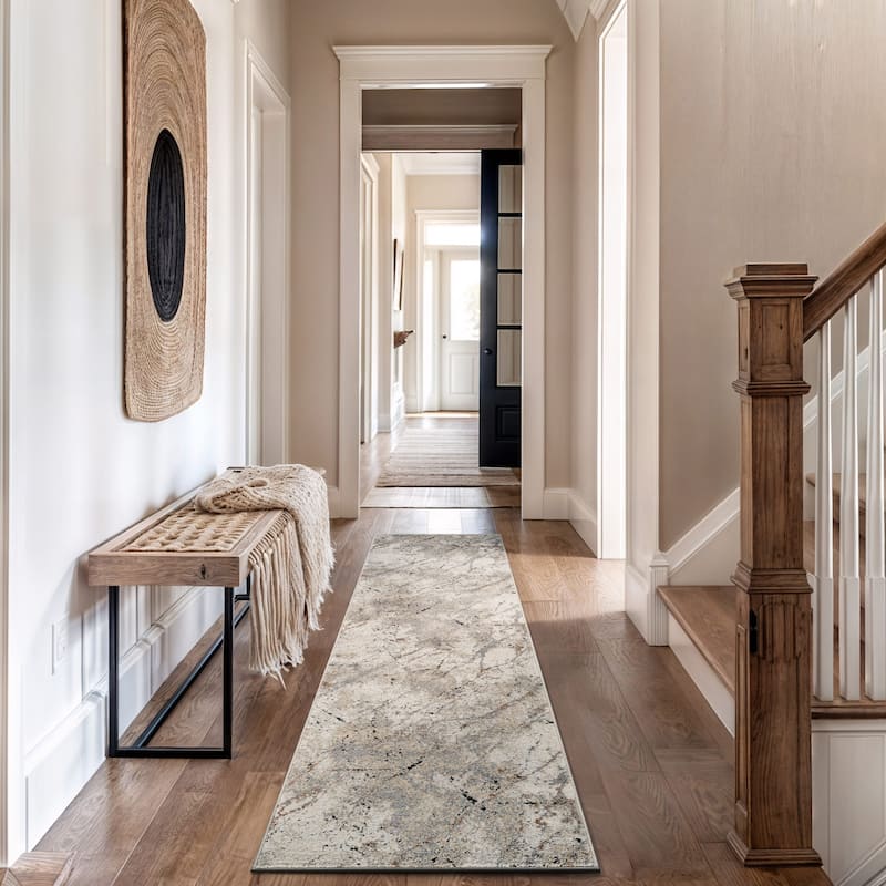 Marble Flow Area Rug - Rug for Living Room, Bedroom - Easy to Clean, Durable Polypropylene/Polyester with Jute Backing - 2' 3" x 12'