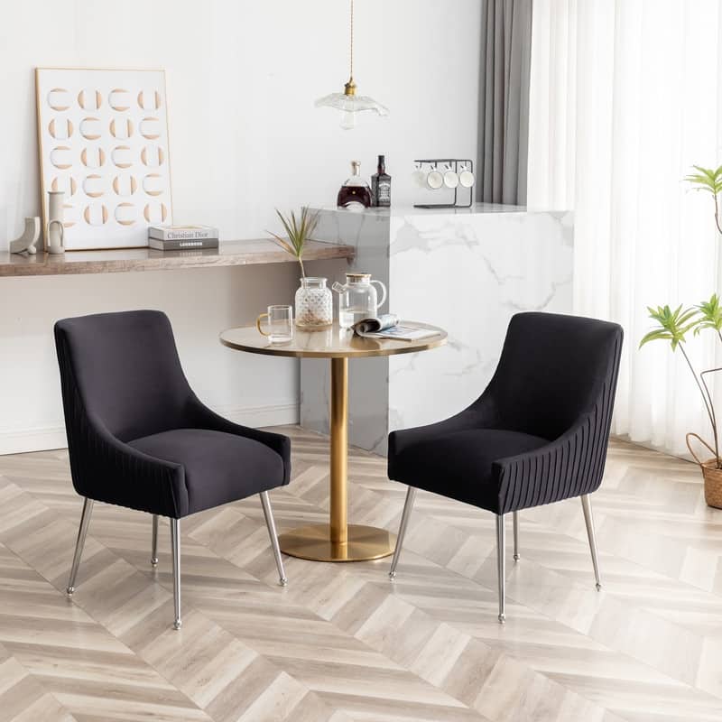 SEYNAR Modern Velvet Pleated Finish Back Dining Chair Set of 2 with Rear Handle