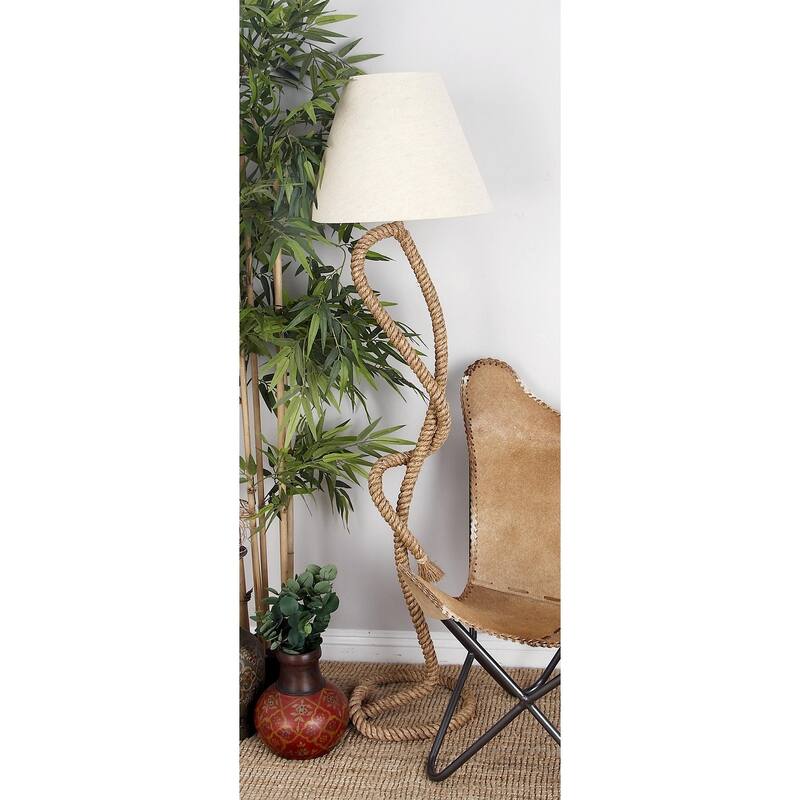 Jute Rope Twisted Rope Floor Lamp with Cream Linen Shade - Brown - Roche River Decor
