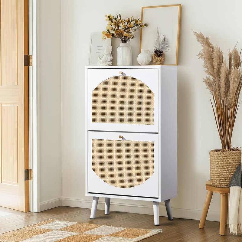Rattan Shoe Cabinet with 2 / 4 Flip Drawers, Narrow Shoe Storage Cabinet,Organizer for Entryway, Bedroom, Living Room