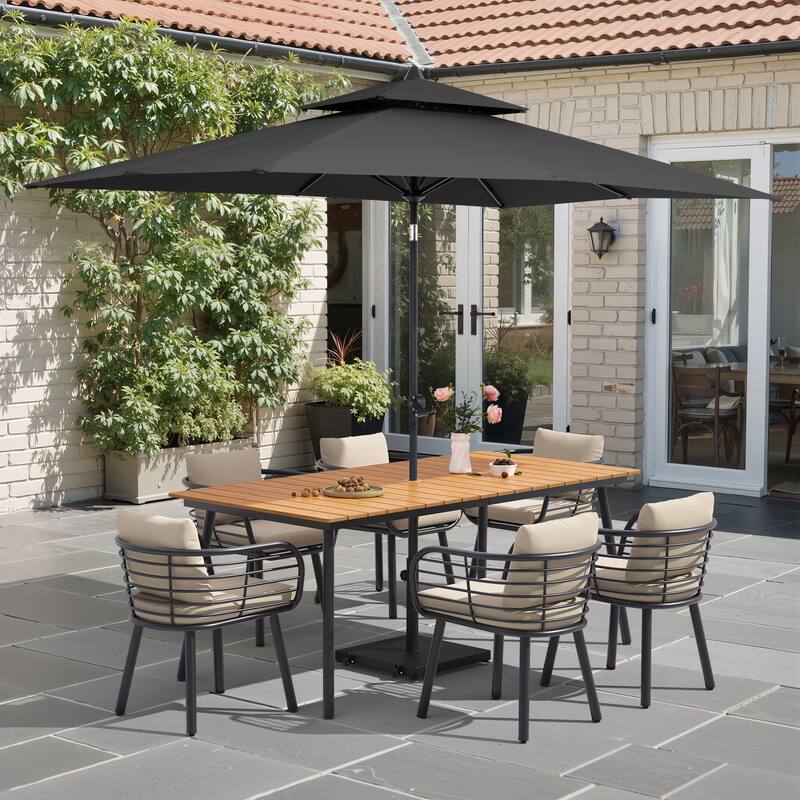 9-Piece Outdoor Patio Dining Set w/10 ft Umbrella and Base Aluminum Dining Table and Chairs with Sunbrella Cushion