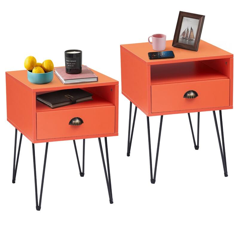 Taomika 2-Piece 1-Drawer Nightstand Set with Drawer Compact Open Shelf Bedside Table for Saving Space(Set of 2 ) - Orange