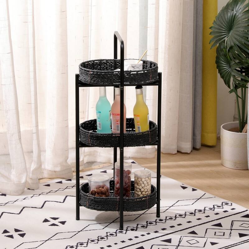 3 Tiers Tray Tables Paper Rope Woven Side Table for Living Room Kitchen Oval Storage Basket Small Shelves