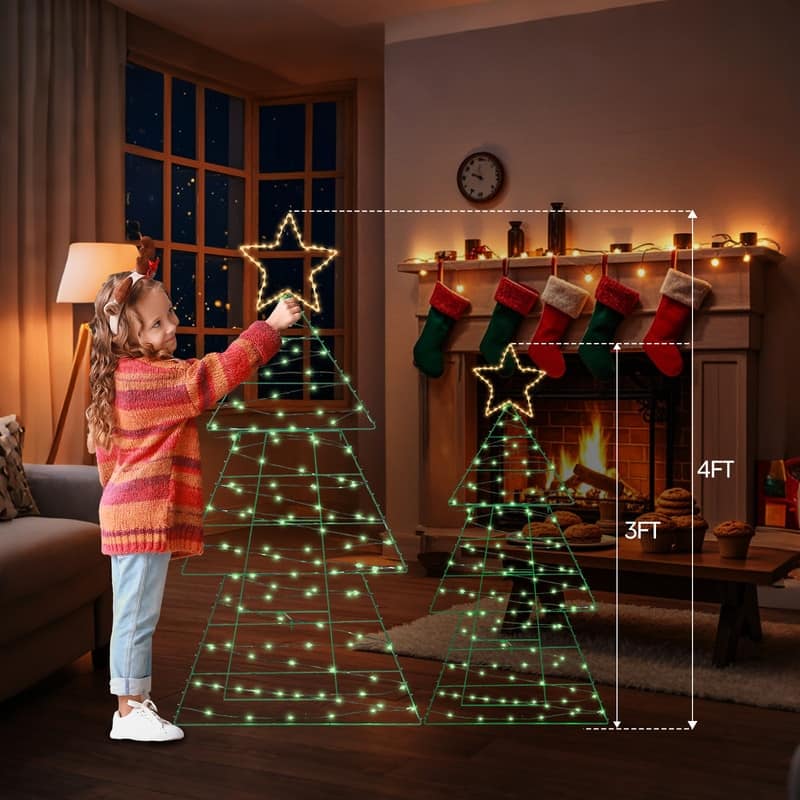 Set of 2 Lighted Metal Christmas Tree Yard Decorations - Green