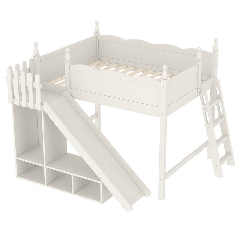 Full Loft Bed with Storage Shelves and Wardrobe, Solid Wood Loft Beds with Detachable Slide and Ladders, No Spring Box Needed