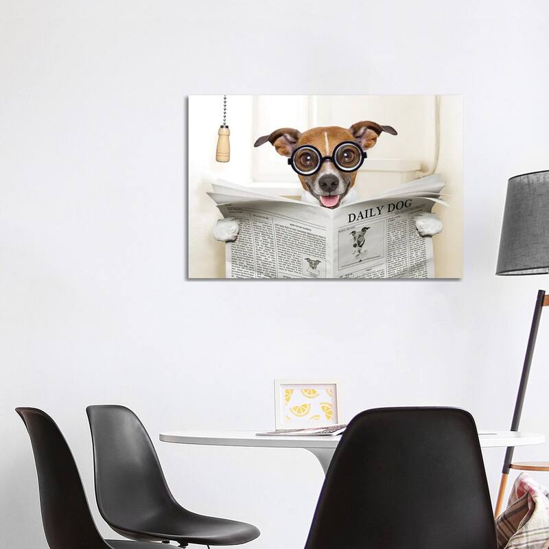 iCanvas "Dog On Toilet Seat Reading Newspaper IV" by damedeeso Canvas Print - 26x40x1.5