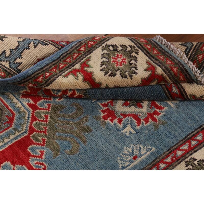 Blue Geometric Kazak Foyer Rug Hand-Knotted Oriental Wool Carpet - 3'4" x 4'11"