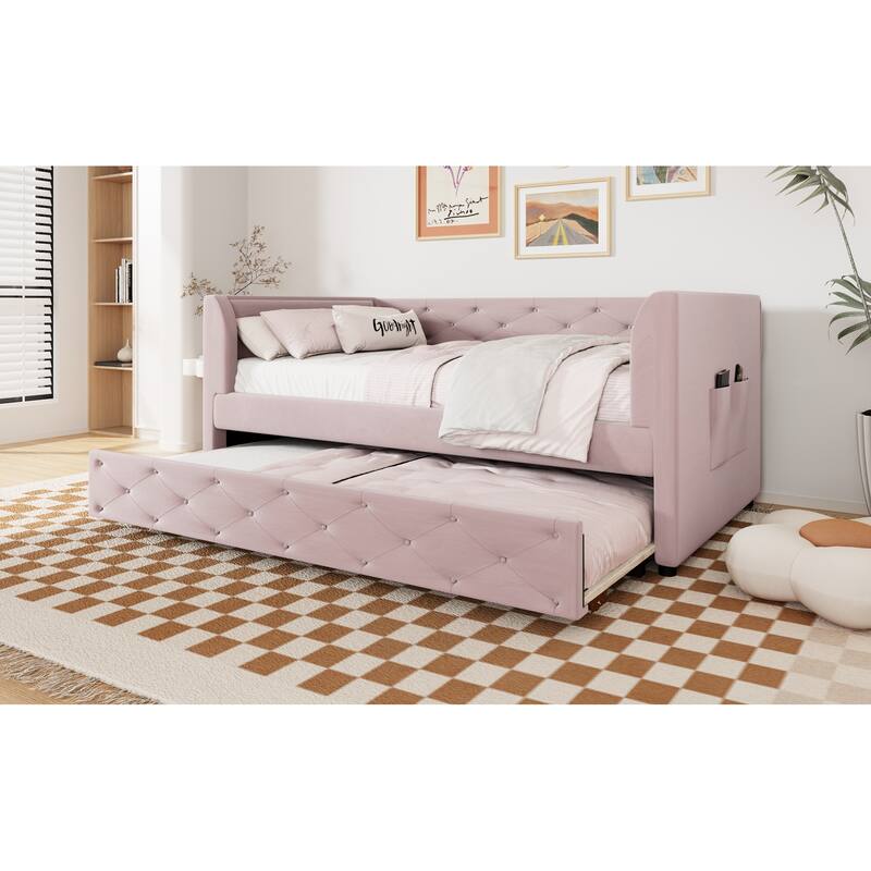 Upholstered Velvet Bed Frame, Twin Size Tufted Daybed with Side Storage Bag, Pull-out Trundle and Button Backrest Headboard