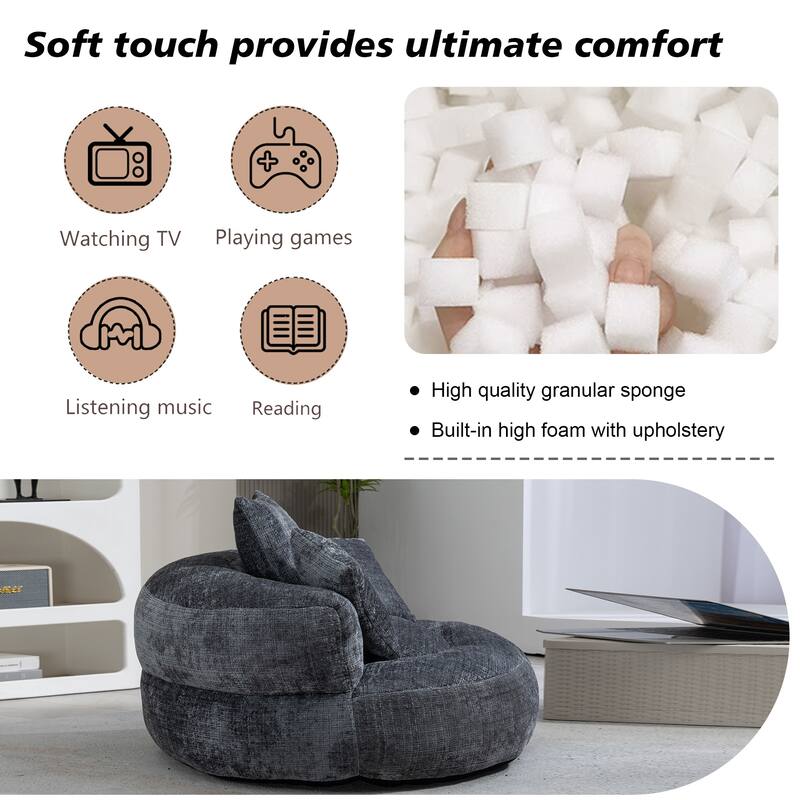 Chenille Upholstered Durable Comfort Lounger High Back Bean Bag Lazy Sofa With Three Pillows