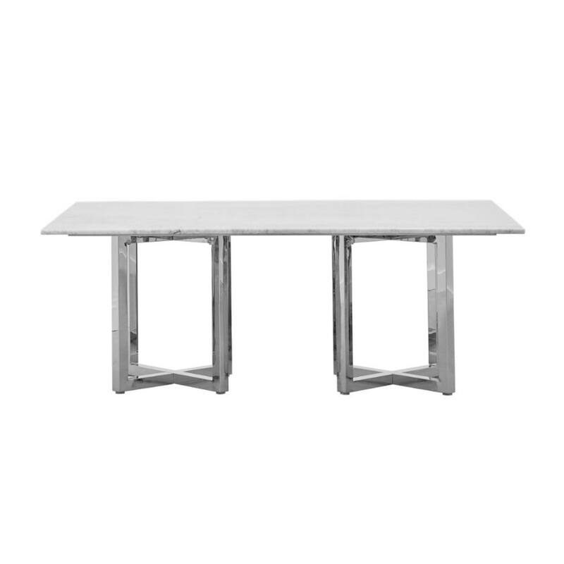 Eun 78 Inch Dining Table, Carrara Marble Top, Stainless Steel Base, Gray