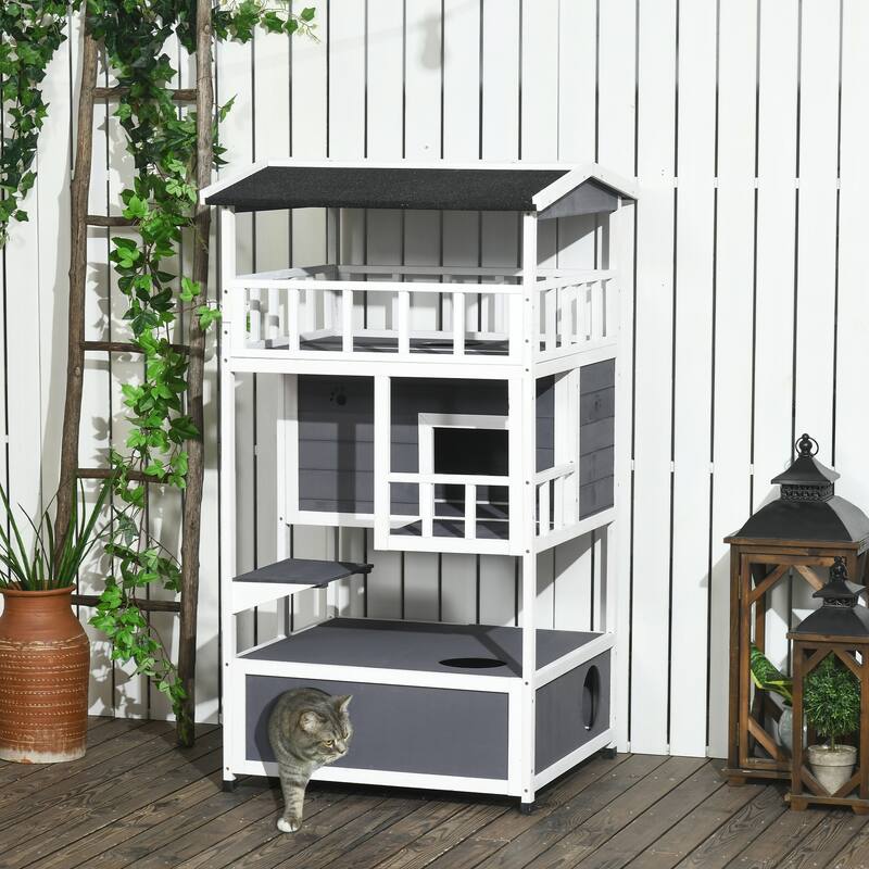 PawHut Wooden Outdoor Cat House, Feral Cat Shelter Kitten Tree - Grey