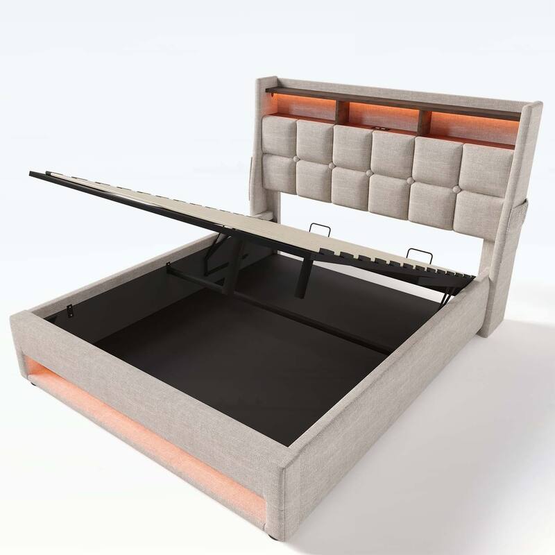 Vintage Design Platform Bed with Hydraulic Storage,LED, and USB Charging,(Mattress Not Included)
