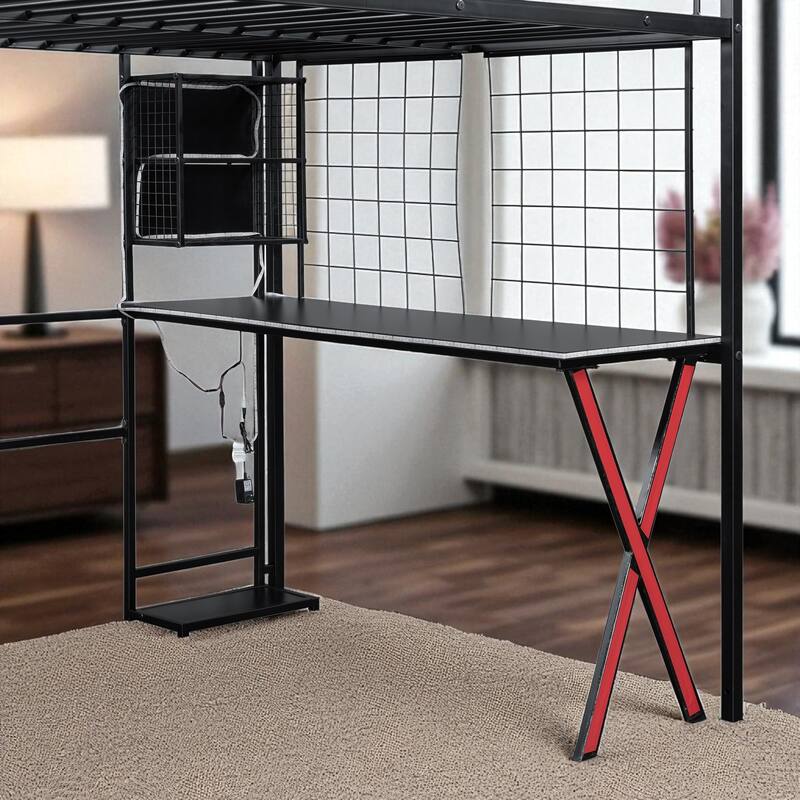 Full Size Metal Loft Bed with Desk, Wardrobe, Storage Staircase & LED Light - Space-Saving Workstation Bunk
