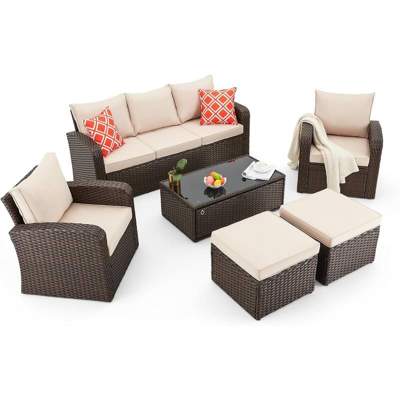 6-Piece Rattan Patio Set with Fire Pit Table, Outdoor Conversation Set with Cushions, Weather-Resistant Sofa Sectional