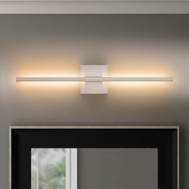 1-Light Black/ Gold/ Nickel Modern Long Linear Strip Wall Sconce Dimmable LED Bathroom Vanity Light - Rectangular backplate/W:23.6'' - Nickel