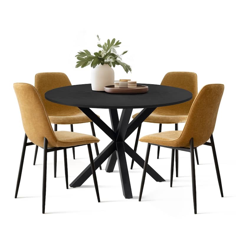 Round Dining Table Set for 4 with Upholstered Chairs and Pedestal Base - Yellow