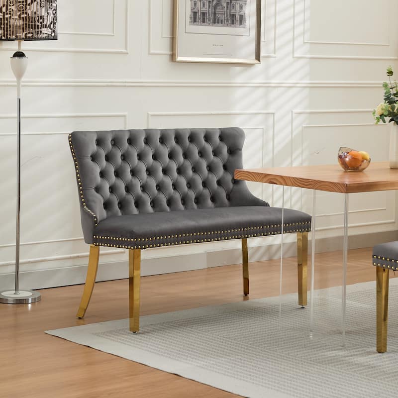 Velvet Double Dining Loveseat Bench, 2-Seat Tufted Bench w/Handmade Buttons, Wing Back, Gold-Plated Steel Legs,Single Pack