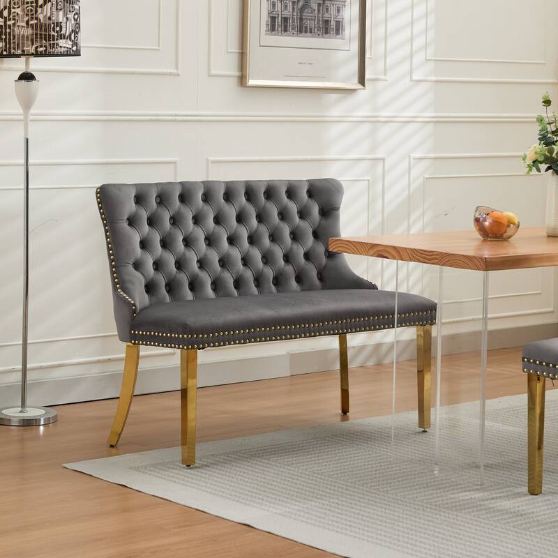 Velvet Double Dining Loveseat Bench, Kitchen & Dining Seating, 2-Seat Tufted Bench w/Handmade Buttons, Wing Back