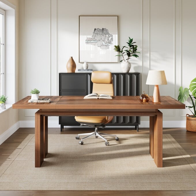 63-Inch Office Computer Desk, Mid-Century Modern Wooden Executive Desk