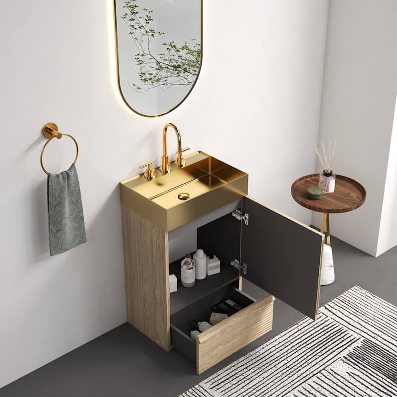 20" Striped Bathroom Vanity with Integrated Brushed Gold Stainless Steel Bathroom Sink, One-Piece Metal Basin without Faucet