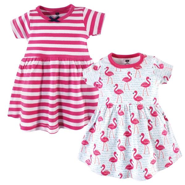 slide 1 of 1, Hudson Baby Toddler Girl Cotton Short-Sleeve Dresses 2pk, Bright Flamingo 2T - Bright Flamingo