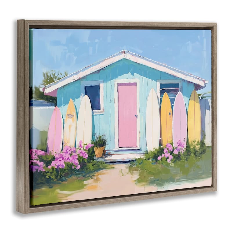 Stupell Cabin with Pastel Surfboards Framed Floater Canvas Wall Art Design By Arlington Prints