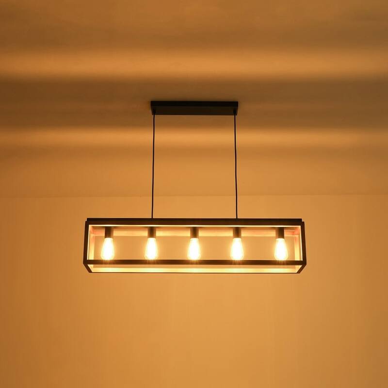 Rustic Oak Wooden Rectangular Cage Island Chandelier Ceiling Light - 39.4 Inches