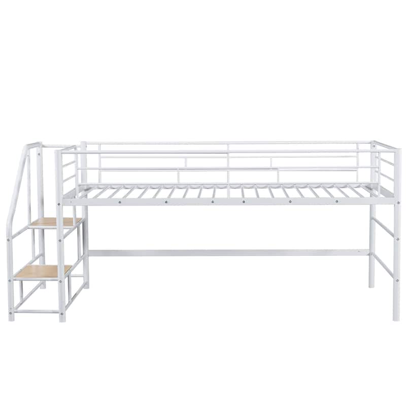 Twin Size MDF Metal Mid Loft Bed with Storage stairs and Fence for Kids, Boys and Girls, Bedroom