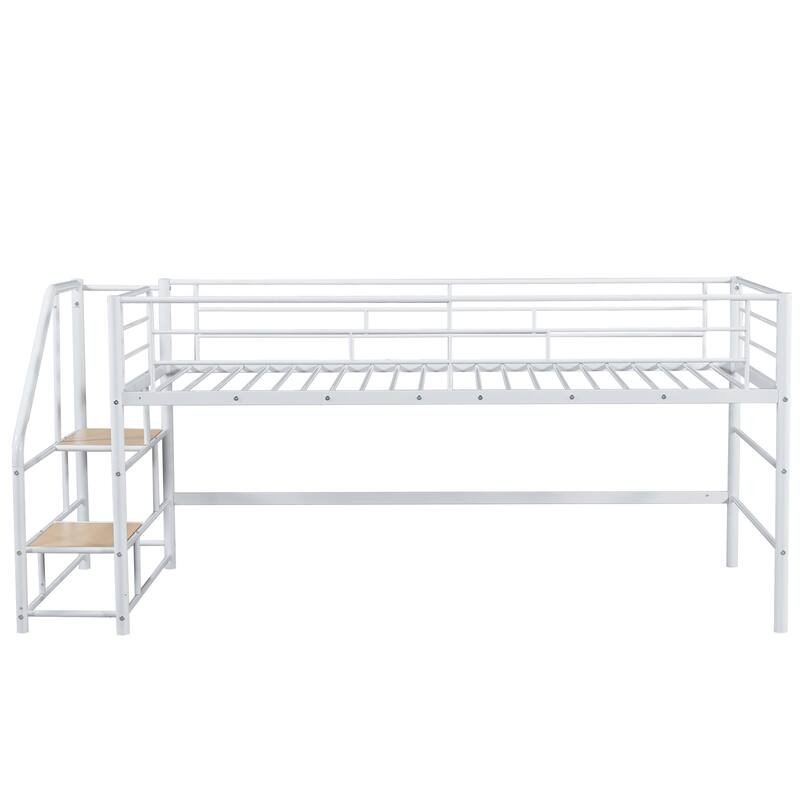 White Twin Metal Mid Loft Bed with Storage Stairs