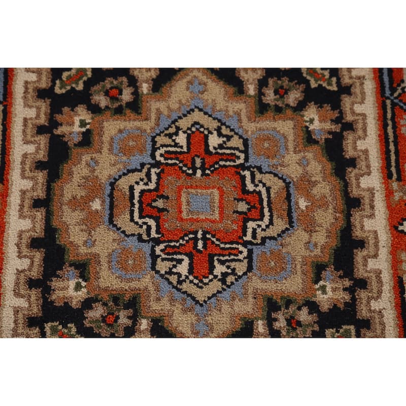 Dark Navy Blue Heriz Serapi Indian Runner Rug Hand-Knotted Wool Carpet - 2'6" x 9'11"