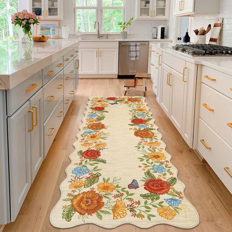 Area Rugs for Living Room Bedroom Washable Modern Floral Rug Scalloped Non-Slip Low Pile Carpet