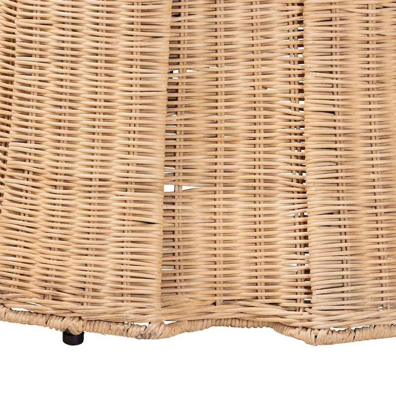 Ying Round Natural Rattan Ottoman with Cushion - Handwoven Wicker Pleated Skirt Accent Coffee Table or Extra Seating