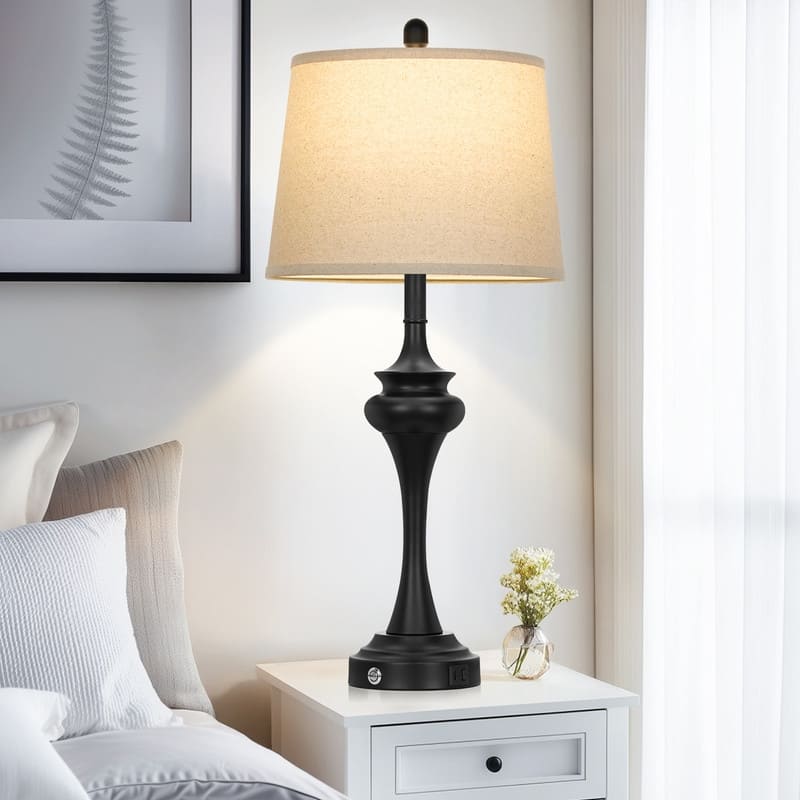 30'' Modern Table Lamps with USB & Type-C Ports, Oatmeal Fabric Shade & Metal Base (Set of 2)