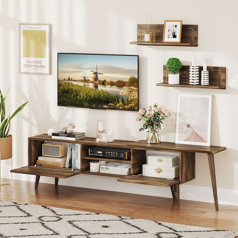 Walnut Engineered Wood TV Stand for 85" TVs with Storage and Floating Shelves - 75" L x 12.5" W x 20" H