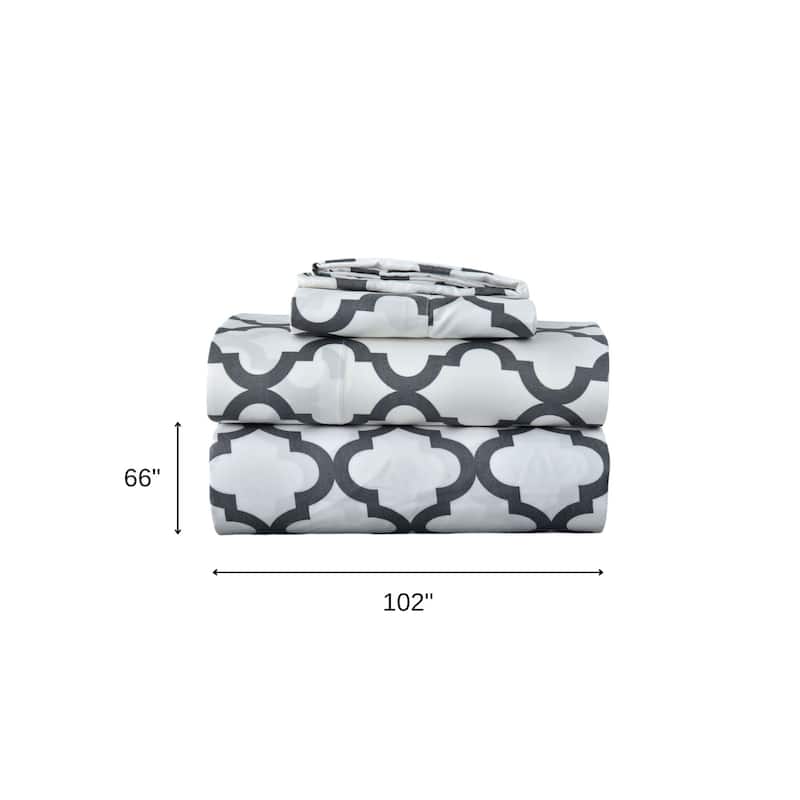 Three Piece White and Charcoal Quatrefoil Microfiber Twin XL Sheet Set