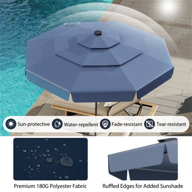 Outdoor 10 ft Umbrella with 3-Tier Venting Solar LED Lights Tilt and Crank for Poolside or Garden
