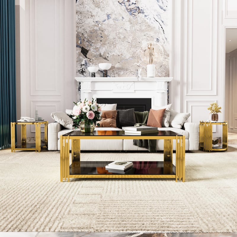 19.9" Modern Transparent Glass End Table for Living Room, Square,Asymmetrical Metal, Gold Finish & Lower Shelf