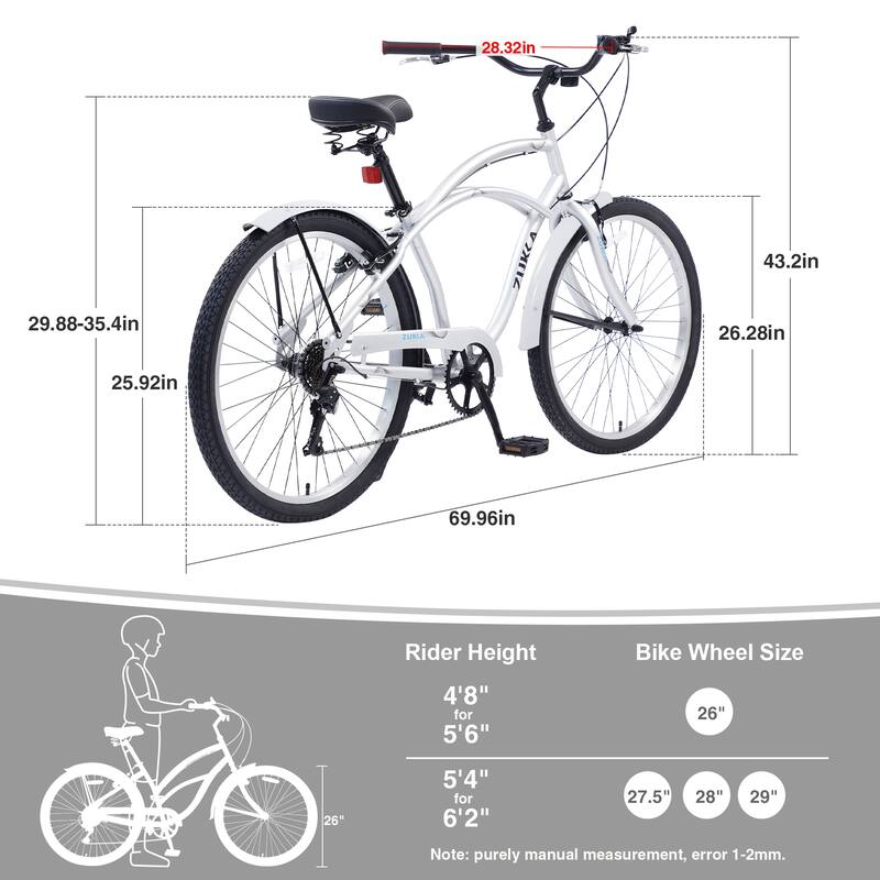 Beach Cruiser Bike, 26 Inch Commuter Bicycle, 7-Speed/Front & Rear Fenders, Comfortable City Bikes, Ergonomic Upright Design