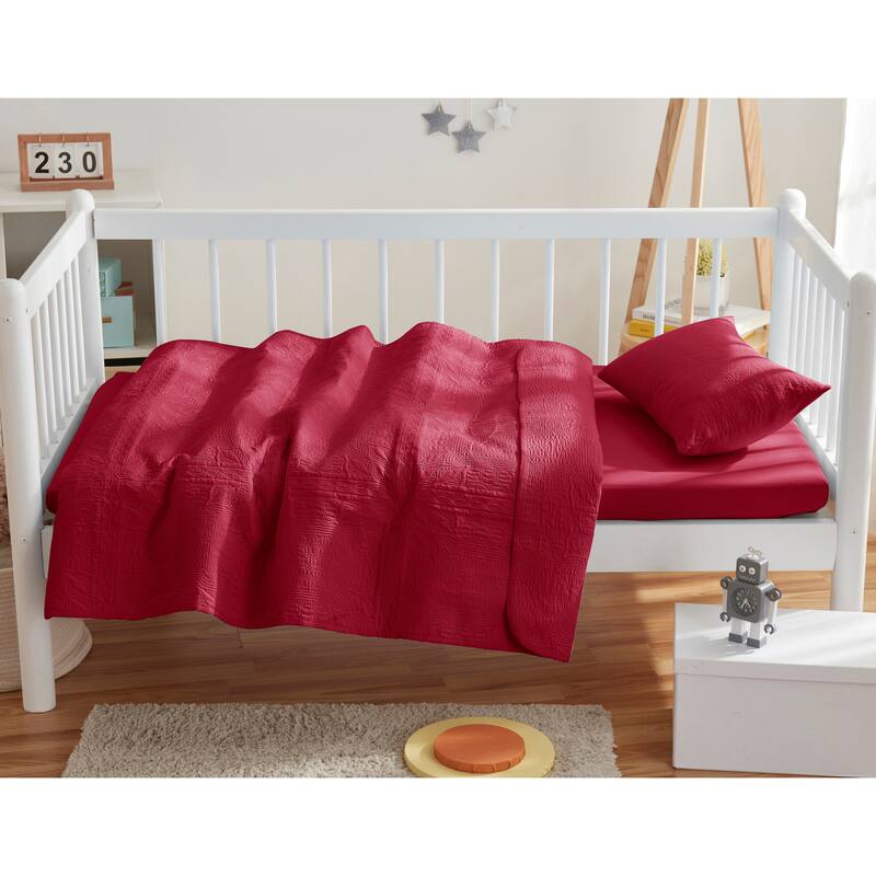 Clara Clark Grid Weave Toddler Bedding Set, 3PC Bedspread Set - All Season Quilted Comforter, Fitted Sheet, and Pillow Sham - Raspberry