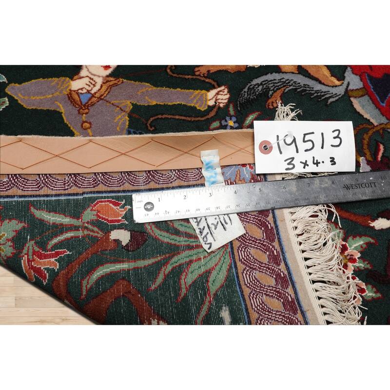 3x4'3'' Hand Knotted Wool &Silk Green Traditional 600 KPSI Are Rug - 3' x 4' 3''